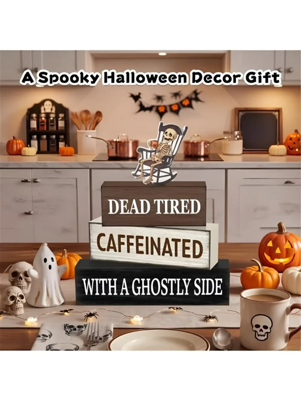 4 Pcs Halloween Wooden Table Decor, Funny Halloween Home Decorations